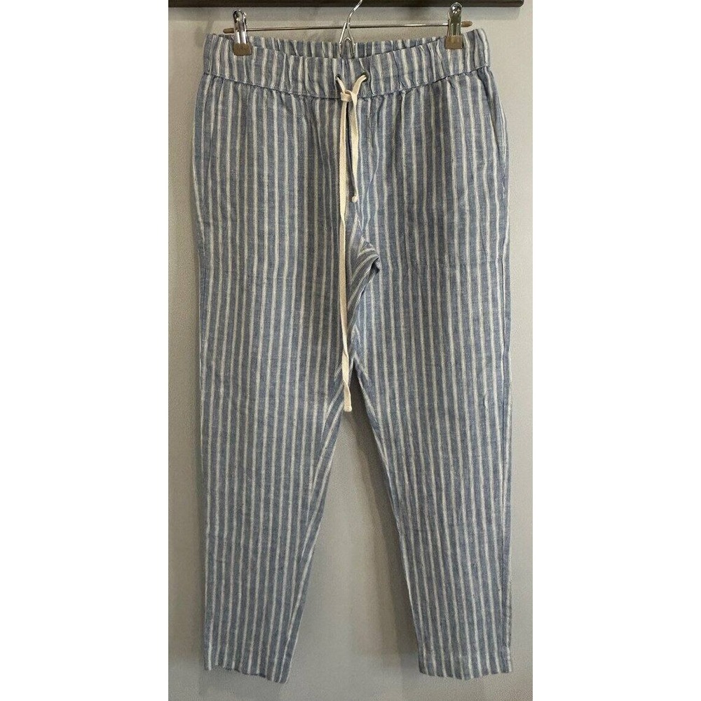 Enza Costa Linen Blue White Striped Easy Pants Drawstring Size 2 M